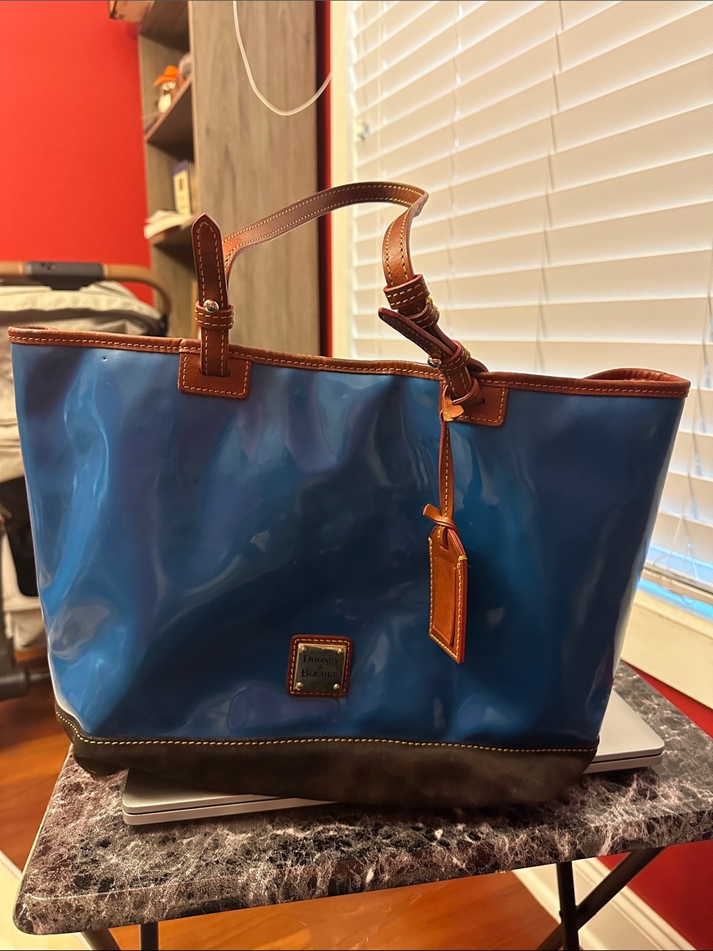 Dooney & Bourke Blue Patent Tote with Brown Leather Trim